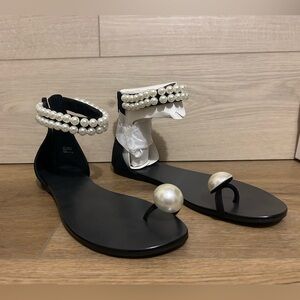 INC Women's Graelyn Embellished Ankle Strap Flat Sandals Black Size 8 1/2